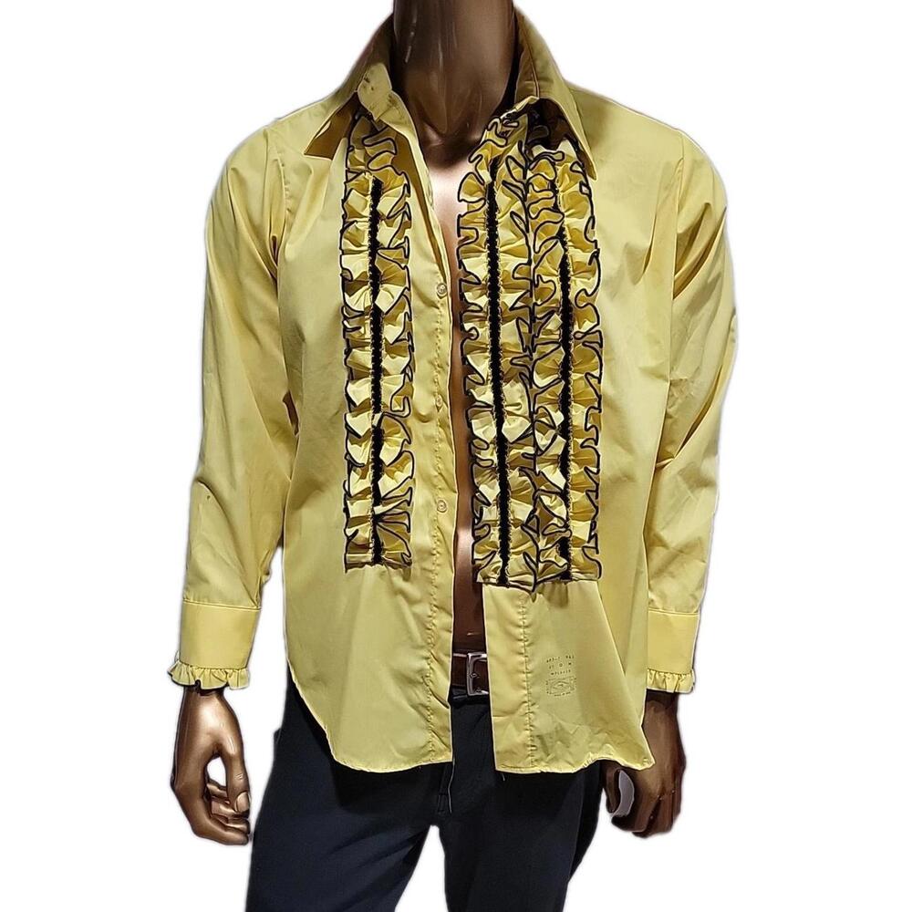 Palm Beach 1970's Vintage Formal M Fashion Yellow Embroidery Ruffled Shirt #WM1
